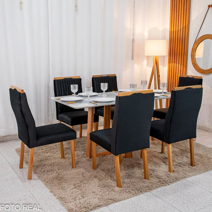 Mesa de Jantar Pedro 160×80 Mel Vidro Off + 6 Cad. Genova Veludo Preto 504 Madeira Art Assento – Entregue Montada