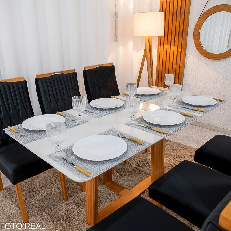 Mesa de Jantar Pedro 160×80 Mel Vidro Off + 6 Cad. Genova Veludo Preto 504 Madeira Art Assento – Entregue Montada