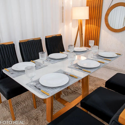 Mesa de Jantar Pedro 160×80 Mel Vidro Off + 6 Cad. Genova Veludo Preto 504 Madeira Art Assento – Entregue Montada