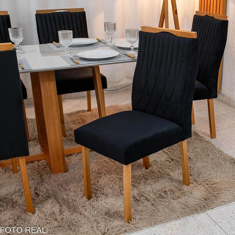 Mesa de Jantar Pedro 160×80 Mel Vidro Off + 6 Cad. Genova Veludo Preto 504 Madeira Art Assento – Entregue Montada