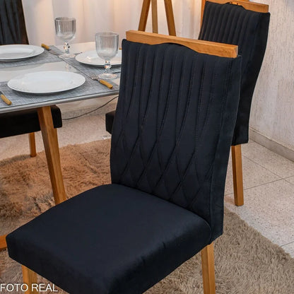 Mesa de Jantar Pedro 160×80 Mel Vidro Off + 6 Cad. Genova Veludo Preto 504 Madeira Art Assento – Entregue Montada