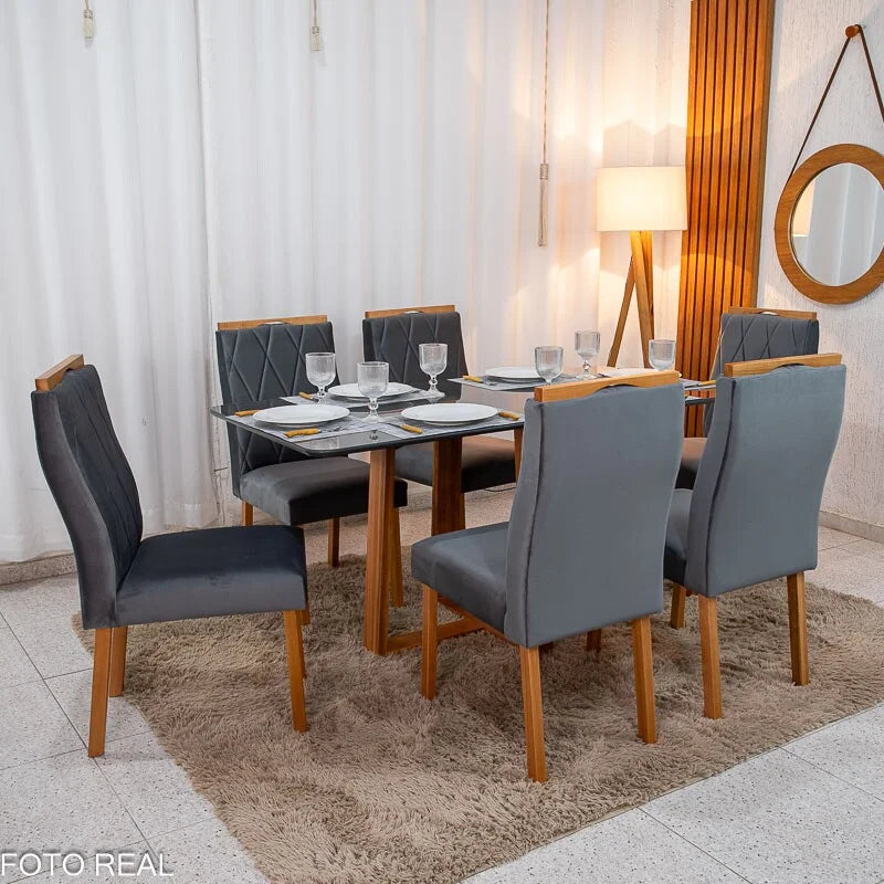 Mesa de Jantar Pedro 160×80 Vidro Grafite/Base Madeira + 6 Cad. Lisboa Veludo Cinza 507 Madeira Art Assento – Entregue Montada