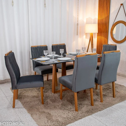 Mesa de Jantar Pedro 160×80 Vidro Grafite/Base Madeira + 6 Cad. Lisboa Veludo Cinza 507 Madeira Art Assento – Entregue Montada