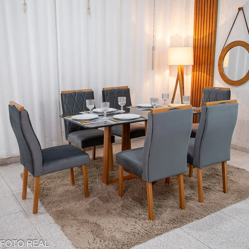 Mesa de Jantar Pedro 160×80 Vidro Grafite/Base Madeira + 6 Cad. Lisboa Veludo Cinza 507 Madeira Art Assento – Entregue Montada