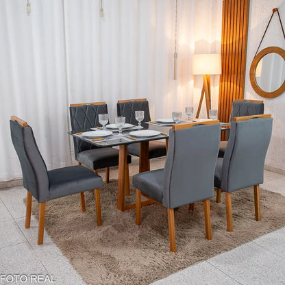 Mesa de Jantar Pedro 160×80 Vidro Grafite/Base Madeira + 6 Cad. Lisboa Veludo Cinza 507 Madeira Art Assento – Entregue Montada