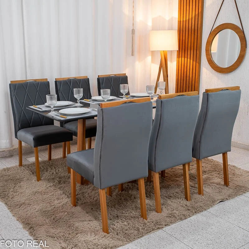 Mesa de Jantar Pedro 160×80 Vidro Grafite/Base Madeira + 6 Cad. Lisboa Veludo Cinza 507 Madeira Art Assento – Entregue Montada
