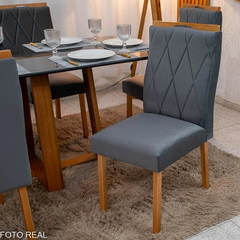 Mesa de Jantar Pedro 160×80 Vidro Grafite/Base Madeira + 6 Cad. Lisboa Veludo Cinza 507 Madeira Art Assento – Entregue Montada