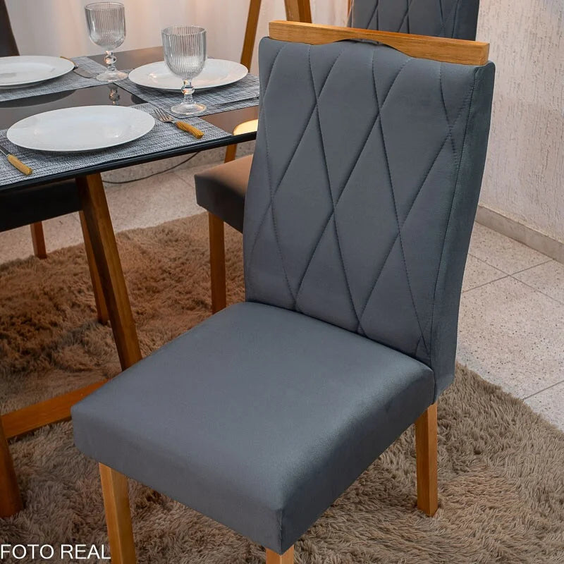 Mesa de Jantar Pedro 160×80 Vidro Grafite/Base Madeira + 6 Cad. Lisboa Veludo Cinza 507 Madeira Art Assento – Entregue Montada