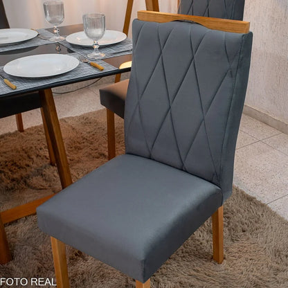 Mesa de Jantar Pedro 160×80 Vidro Grafite/Base Madeira + 6 Cad. Lisboa Veludo Cinza 507 Madeira Art Assento – Entregue Montada