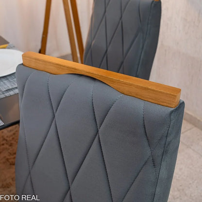 Mesa de Jantar Pedro 160×80 Vidro Grafite/Base Madeira + 6 Cad. Lisboa Veludo Cinza 507 Madeira Art Assento – Entregue Montada