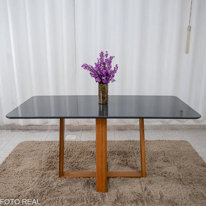 Mesa de Jantar Pedro 160×80 Vidro Grafite/Base Madeira + 6 Cad. Lisboa Veludo Cinza 507 Madeira Art Assento – Entregue Montada
