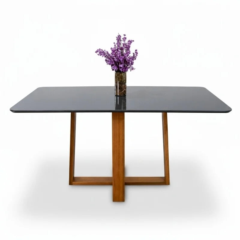 Mesa de Jantar Pedro 160×80 Vidro Grafite/Base Madeira Art Assento – Entregue Montada