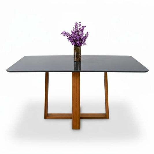 Mesa de Jantar Pedro 160×80 Vidro Grafite/Base Madeira Art Assento – Entregue Montada