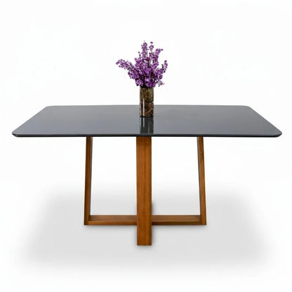 Mesa de Jantar Pedro 160×80 Vidro Grafite/Base Madeira Art Assento – Entregue Montada