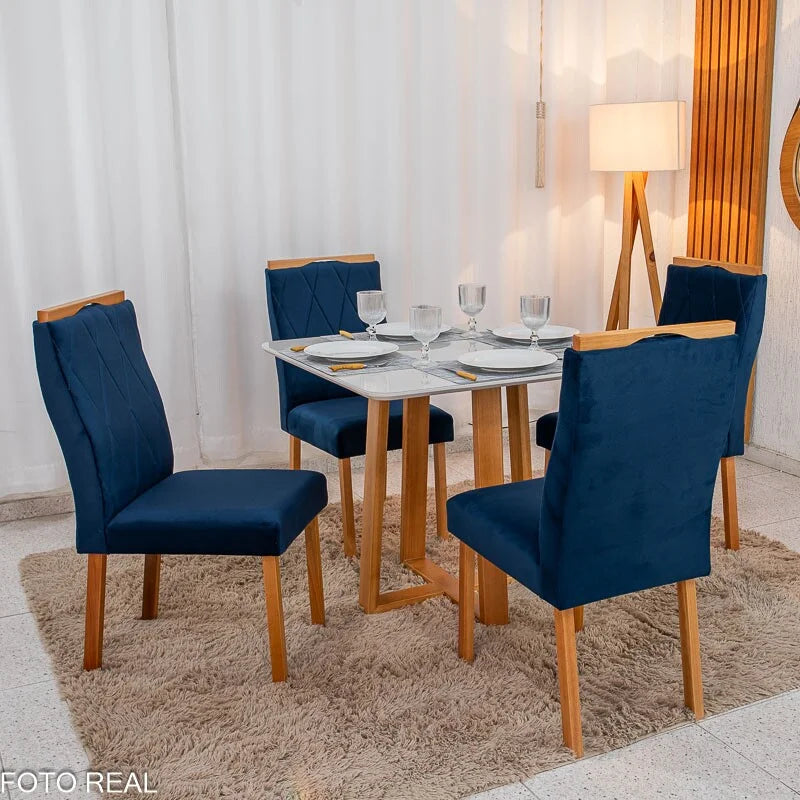 Mesa de Jantar Pedro 90×90 Vidro Off/Base Madeira + 4 Cad. Lisboa Veludo Azul 503 Madeira Art Assento – Entregue Montada
