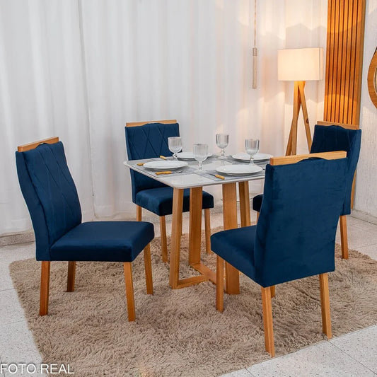 Mesa de Jantar Pedro 90×90 Vidro Off/Base Madeira + 4 Cad. Lisboa Veludo Azul 503 Madeira Art Assento – Entregue Montada