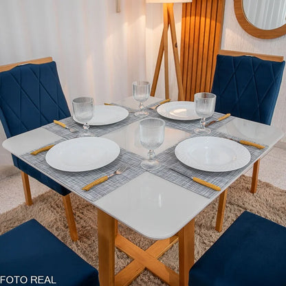 Mesa de Jantar Pedro 90×90 Vidro Off/Base Madeira + 4 Cad. Lisboa Veludo Azul 503 Madeira Art Assento – Entregue Montada