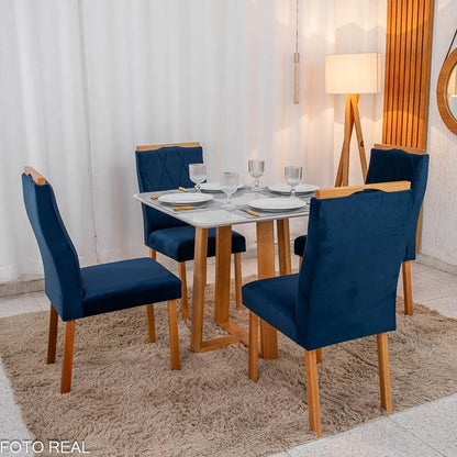 Mesa de Jantar Pedro 90×90 Vidro Off/Base Madeira + 4 Cad. Lisboa Veludo Azul 503 Madeira Art Assento – Entregue Montada