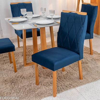Mesa de Jantar Pedro 90×90 Vidro Off/Base Madeira + 4 Cad. Lisboa Veludo Azul 503 Madeira Art Assento – Entregue Montada