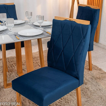Mesa de Jantar Pedro 90×90 Vidro Off/Base Madeira + 4 Cad. Lisboa Veludo Azul 503 Madeira Art Assento – Entregue Montada