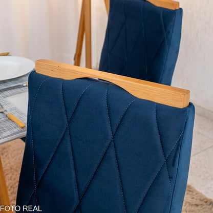 Mesa de Jantar Pedro 90×90 Vidro Off/Base Madeira + 4 Cad. Lisboa Veludo Azul 503 Madeira Art Assento – Entregue Montada