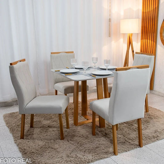Mesa de Jantar Pedro 90×90 Vidro Off/Base Madeira + 4 Cad. Lisboa Veludo Bege 512 Madeira Art Assento – Entregue Montada