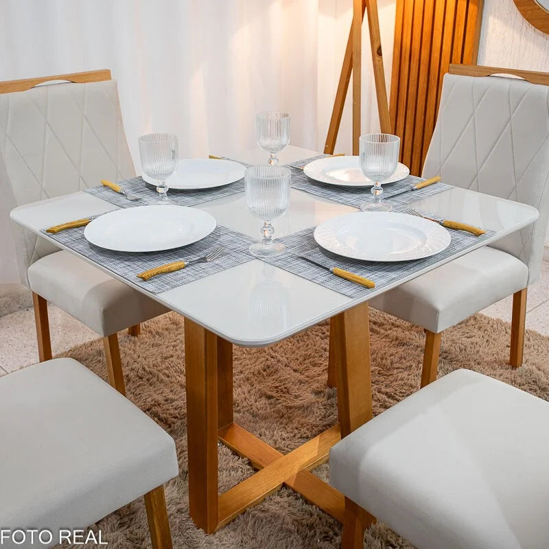 Mesa de Jantar Pedro 90×90 Vidro Off/Base Madeira + 4 Cad. Lisboa Veludo Bege 512 Madeira Art Assento – Entregue Montada