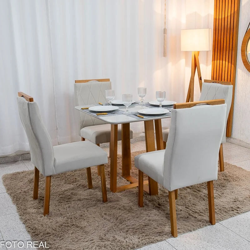 Mesa de Jantar Pedro 90×90 Vidro Off/Base Madeira + 4 Cad. Lisboa Veludo Bege 512 Madeira Art Assento – Entregue Montada