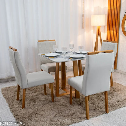 Mesa de Jantar Pedro 90×90 Vidro Off/Base Madeira + 4 Cad. Lisboa Veludo Bege 512 Madeira Art Assento – Entregue Montada