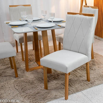 Mesa de Jantar Pedro 90×90 Vidro Off/Base Madeira + 4 Cad. Lisboa Veludo Bege 512 Madeira Art Assento – Entregue Montada