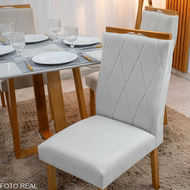 Mesa de Jantar Pedro 90×90 Vidro Off/Base Madeira + 4 Cad. Lisboa Veludo Bege 512 Madeira Art Assento – Entregue Montada