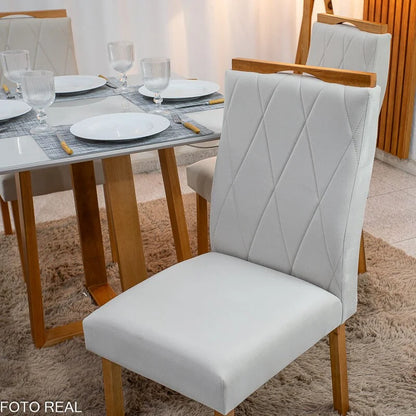 Mesa de Jantar Pedro 90×90 Vidro Off/Base Madeira + 4 Cad. Lisboa Veludo Bege 512 Madeira Art Assento – Entregue Montada