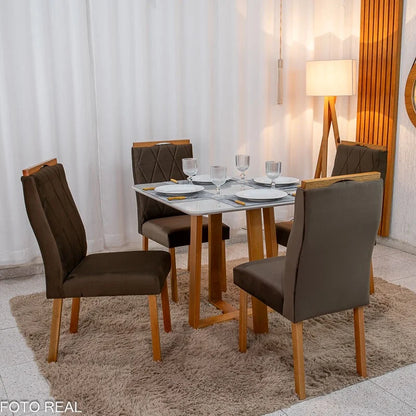 Mesa de Jantar Pedro 90×90 Vidro Off/Base Madeira + 4 Cad. Lisboa Veludo Marrom 509 Madeira Art Assento – Entregue Montada
