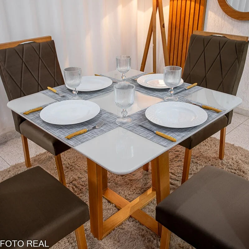 Mesa de Jantar Pedro 90×90 Vidro Off/Base Madeira + 4 Cad. Lisboa Veludo Marrom 509 Madeira Art Assento – Entregue Montada