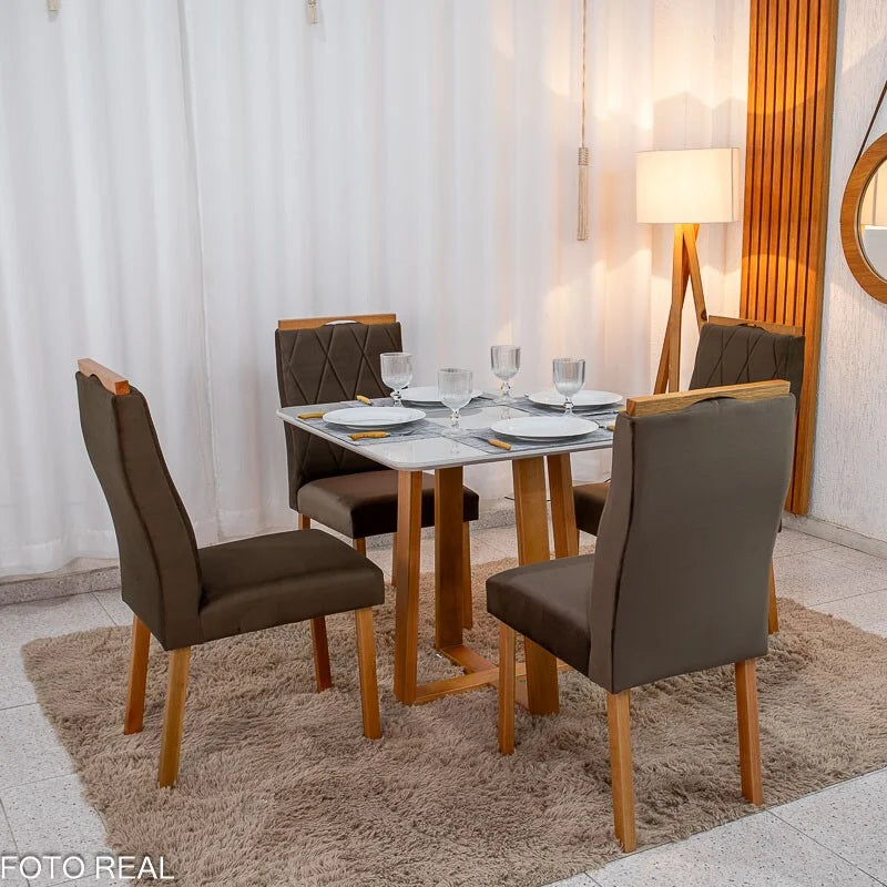 Mesa de Jantar Pedro 90×90 Vidro Off/Base Madeira + 4 Cad. Lisboa Veludo Marrom 509 Madeira Art Assento – Entregue Montada