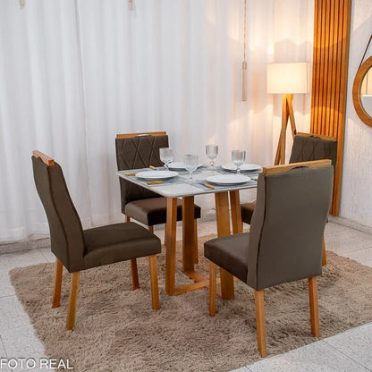 Mesa de Jantar Pedro 90×90 Vidro Off/Base Madeira + 4 Cad. Lisboa Veludo Marrom 509 Madeira Art Assento – Entregue Montada