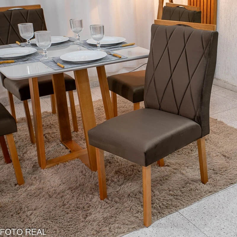 Mesa de Jantar Pedro 90×90 Vidro Off/Base Madeira + 4 Cad. Lisboa Veludo Marrom 509 Madeira Art Assento – Entregue Montada