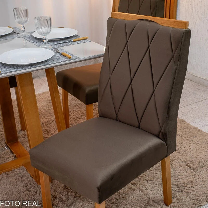 Mesa de Jantar Pedro 90×90 Vidro Off/Base Madeira + 4 Cad. Lisboa Veludo Marrom 509 Madeira Art Assento – Entregue Montada
