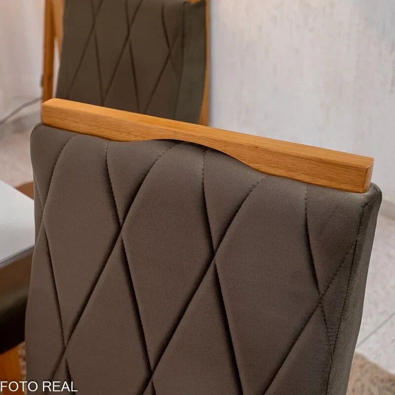 Mesa de Jantar Pedro 90×90 Vidro Off/Base Madeira + 4 Cad. Lisboa Veludo Marrom 509 Madeira Art Assento – Entregue Montada
