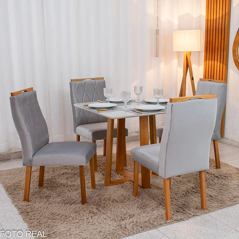 Mesa de Jantar Pedro 90×90 Vidro Off/Base Madeira + 4 Cad. Lisboa Veludo Prata 514 Madeira Art Assento – Entregue Montada