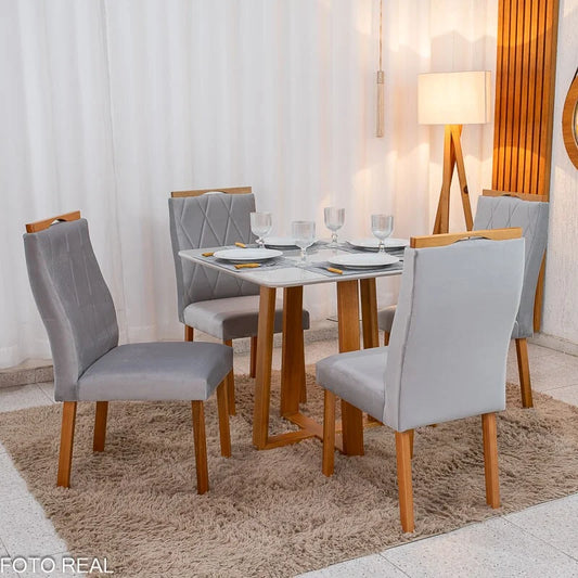 Mesa de Jantar Pedro 90×90 Vidro Off/Base Madeira + 4 Cad. Lisboa Veludo Prata 514 Madeira Art Assento – Entregue Montada