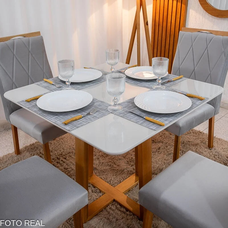 Mesa de Jantar Pedro 90×90 Vidro Off/Base Madeira + 4 Cad. Lisboa Veludo Prata 514 Madeira Art Assento – Entregue Montada