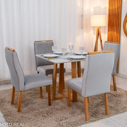 Mesa de Jantar Pedro 90×90 Vidro Off/Base Madeira + 4 Cad. Lisboa Veludo Prata 514 Madeira Art Assento – Entregue Montada
