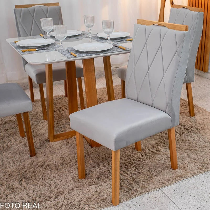 Mesa de Jantar Pedro 90×90 Vidro Off/Base Madeira + 4 Cad. Lisboa Veludo Prata 514 Madeira Art Assento – Entregue Montada