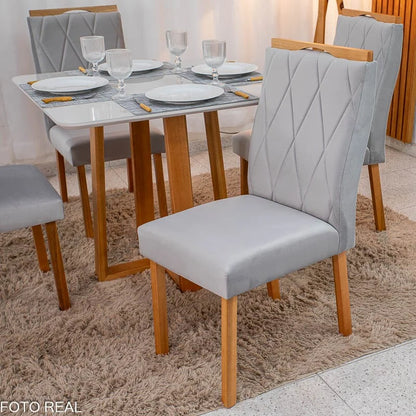 Mesa de Jantar Pedro 90×90 Vidro Off/Base Madeira + 4 Cad. Lisboa Veludo Prata 514 Madeira Art Assento – Entregue Montada