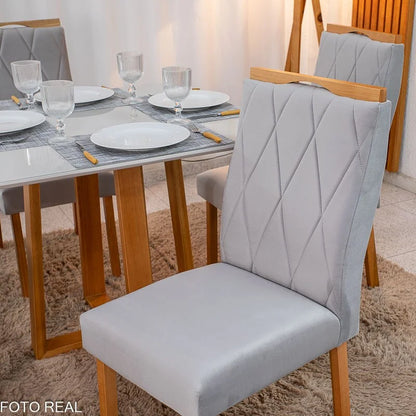 Mesa de Jantar Pedro 90×90 Vidro Off/Base Madeira + 4 Cad. Lisboa Veludo Prata 514 Madeira Art Assento – Entregue Montada