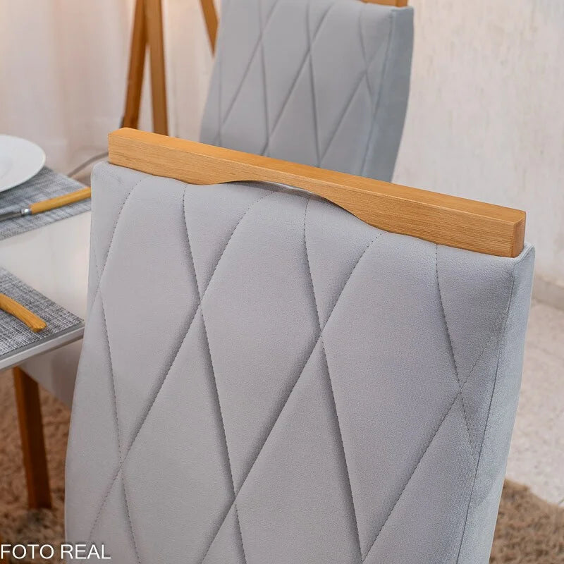 Mesa de Jantar Pedro 90×90 Vidro Off/Base Madeira + 4 Cad. Lisboa Veludo Prata 514 Madeira Art Assento – Entregue Montada