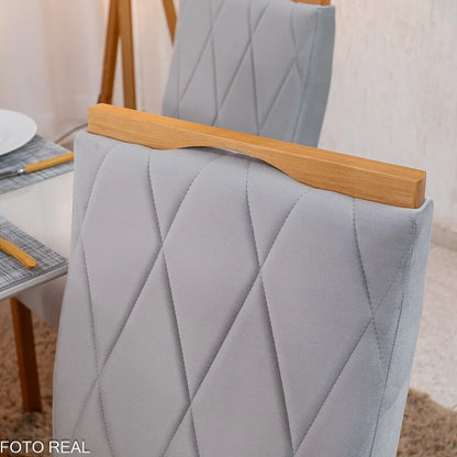 Mesa de Jantar Pedro 90×90 Vidro Off/Base Madeira + 4 Cad. Lisboa Veludo Prata 514 Madeira Art Assento – Entregue Montada