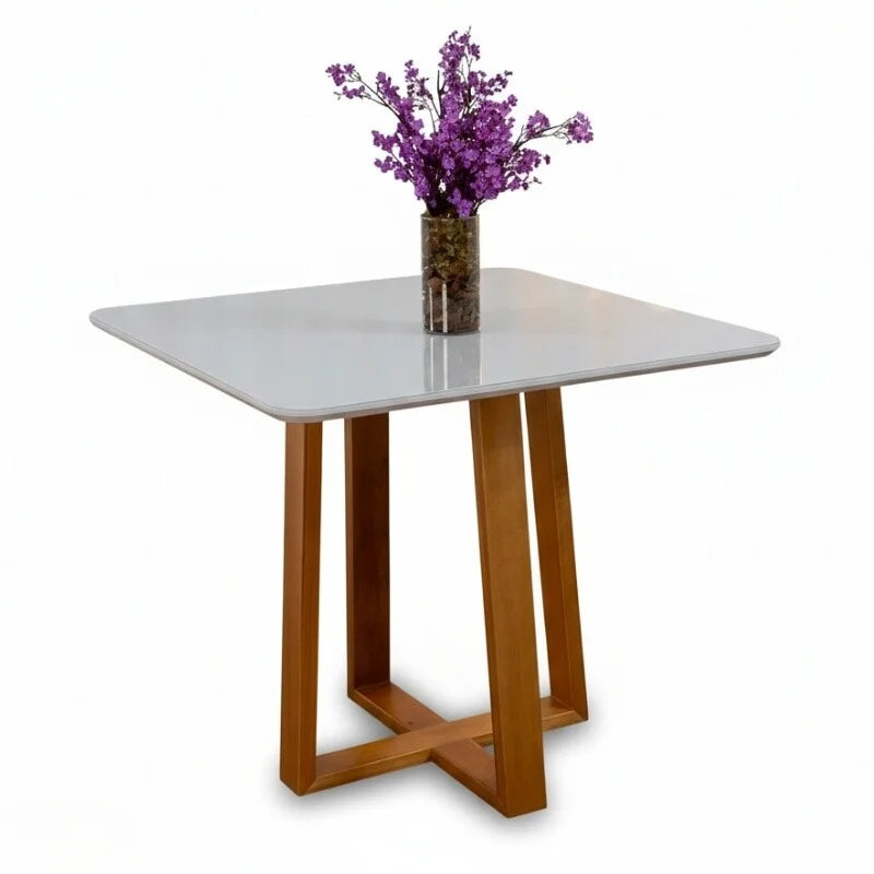 Mesa de Jantar Pedro 90×90 Vidro Off/Base Madeira Art Assento – Entregue Montada