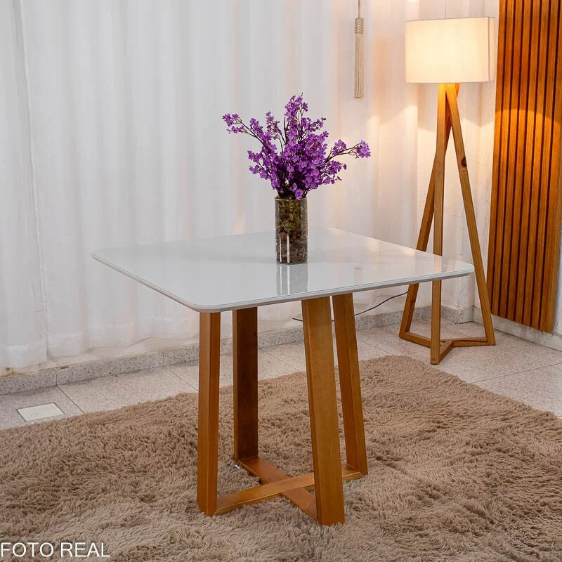 Mesa de Jantar Pedro 90×90 Vidro Off/Base Madeira + 4 Cad. Lisboa Veludo Bege 512 Madeira Art Assento – Entregue Montada